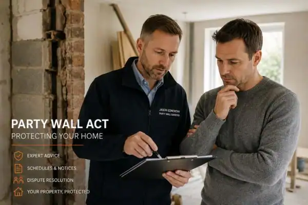 Party wall surveyor Ilkeston discussing extension plans with homeowner outside a UK semi-detached house.